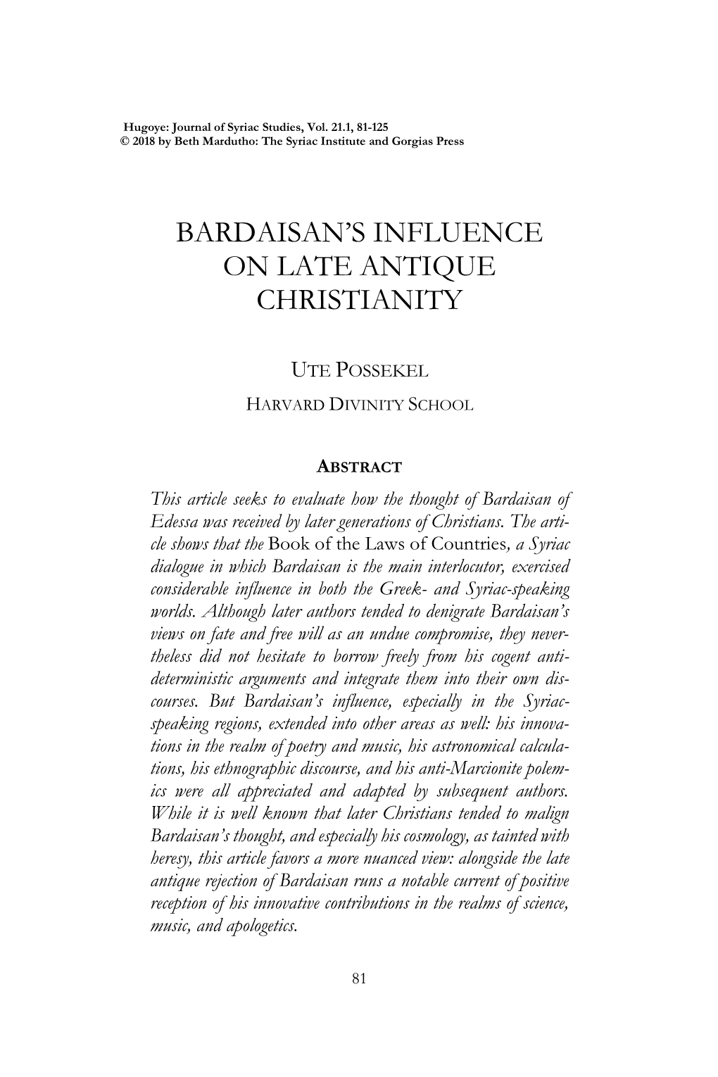 Bardaisan's Influence on Late Antique Christianity
