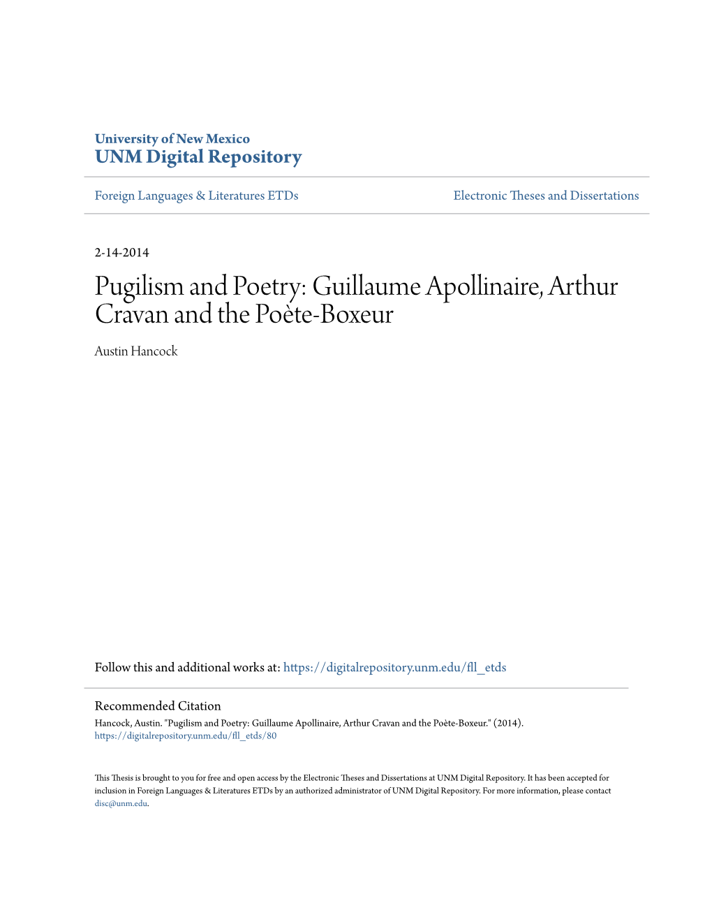 Guillaume Apollinaire, Arthur Cravan and the Poète-Boxeur Austin Hancock