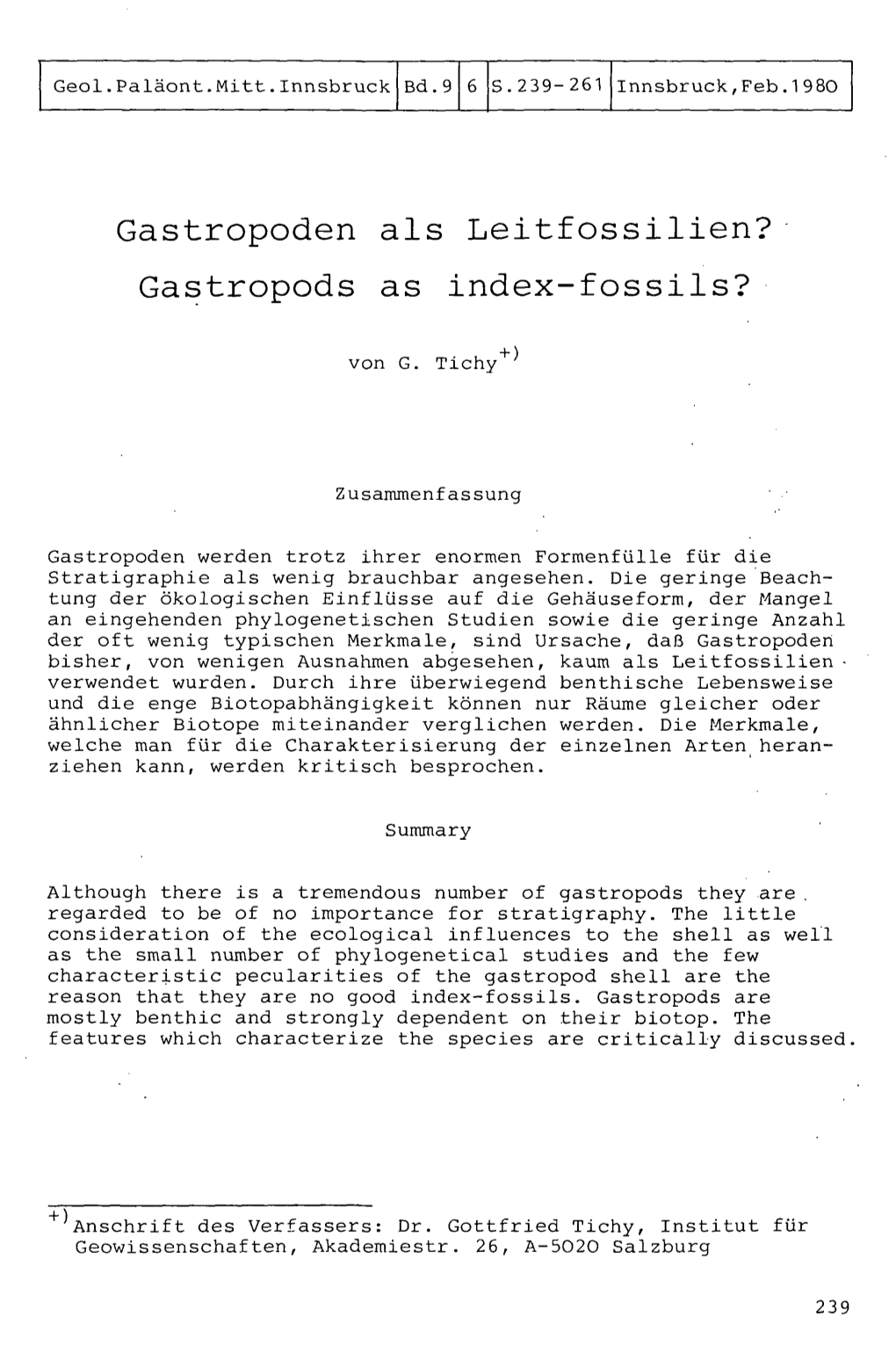 Gastropoden Als Leitfossilien? Gastropods As Index-Fossils?
