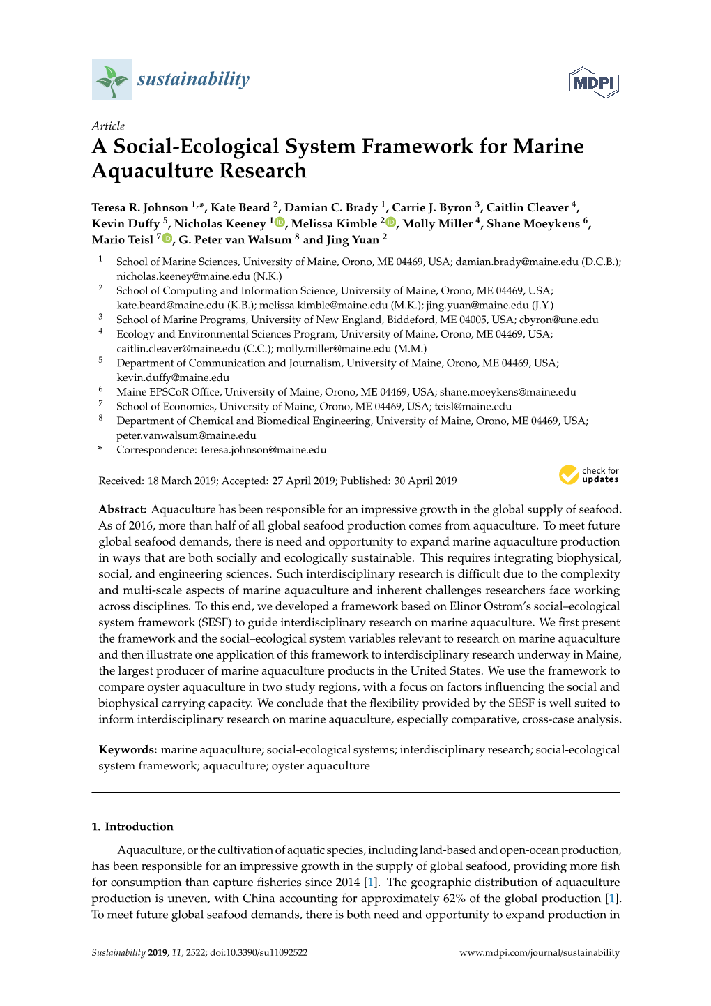 A Social-Ecological System Framework for Marine Aquaculture Research