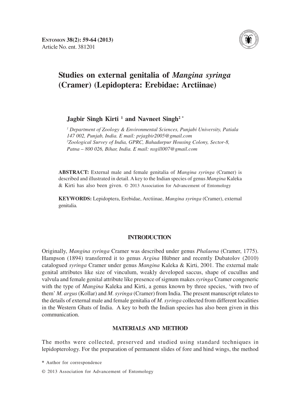 Studies on External Genitalia of Mangina Syringa (Cramer) (Lepidoptera: Erebidae: Arctiinae)