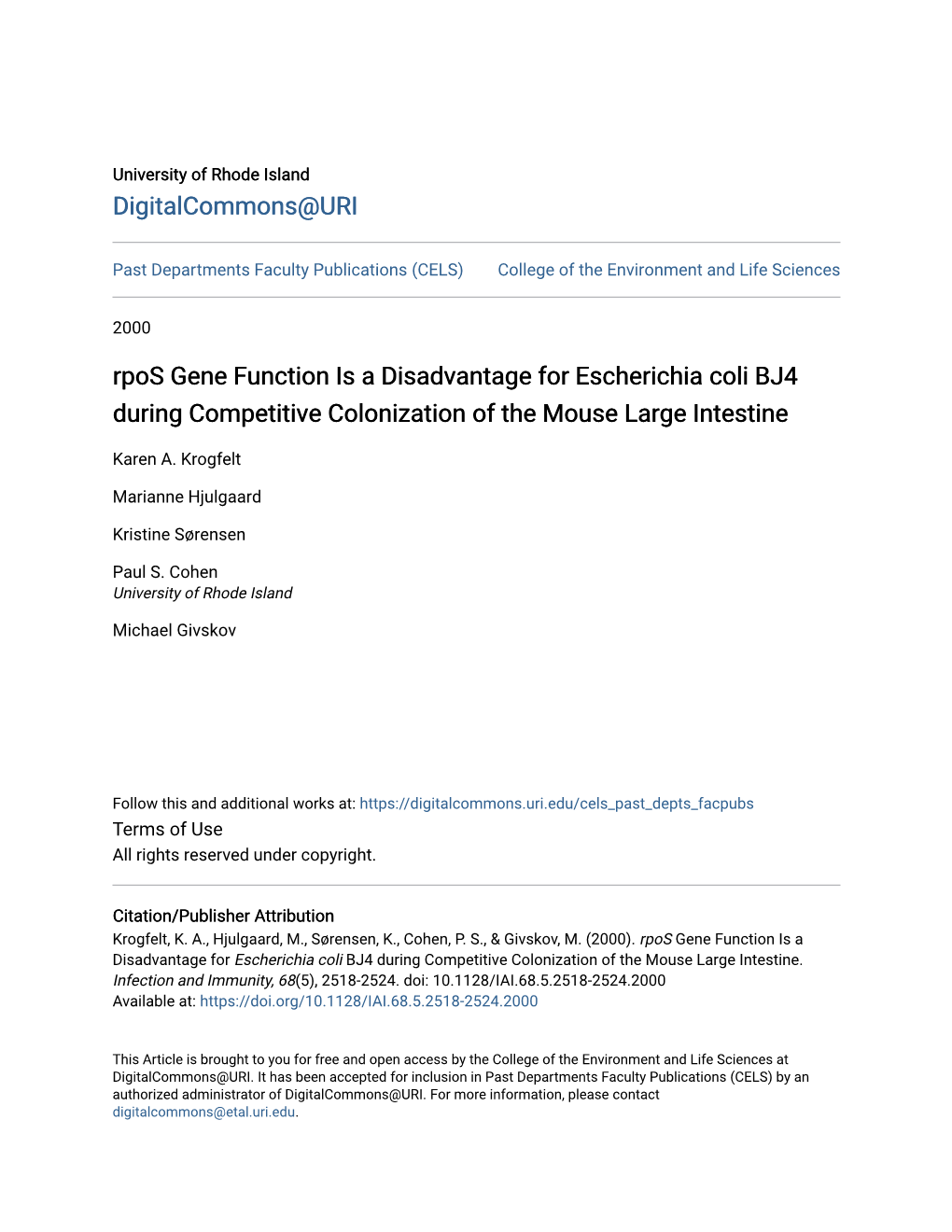 Rpos Gene Function Is a Disadvantage for Escherichia Coli BJ4 During Competitive Colonization of the Mouse Large Intestine