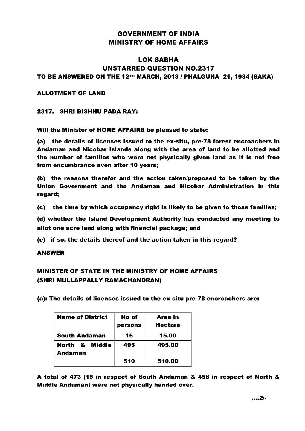 Government of India Ministry of Home Affairs Lok Sabha Unstarred Question No.2317