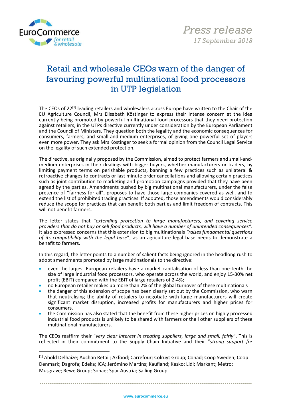 Retail and Wholesale Ceos Warn of the Danger of Favouring Powerful Multinational Food Processors in UTP Legislation