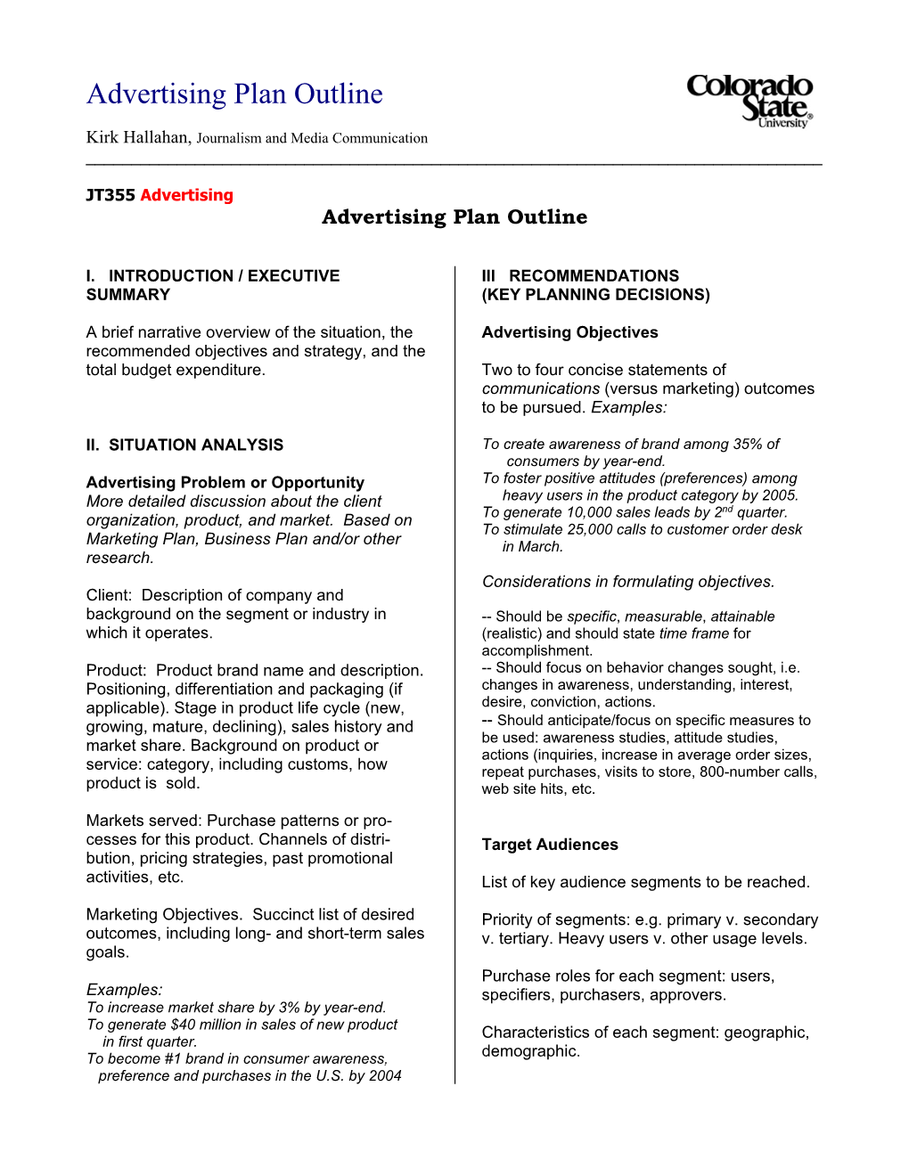 Advertising Plan Outline