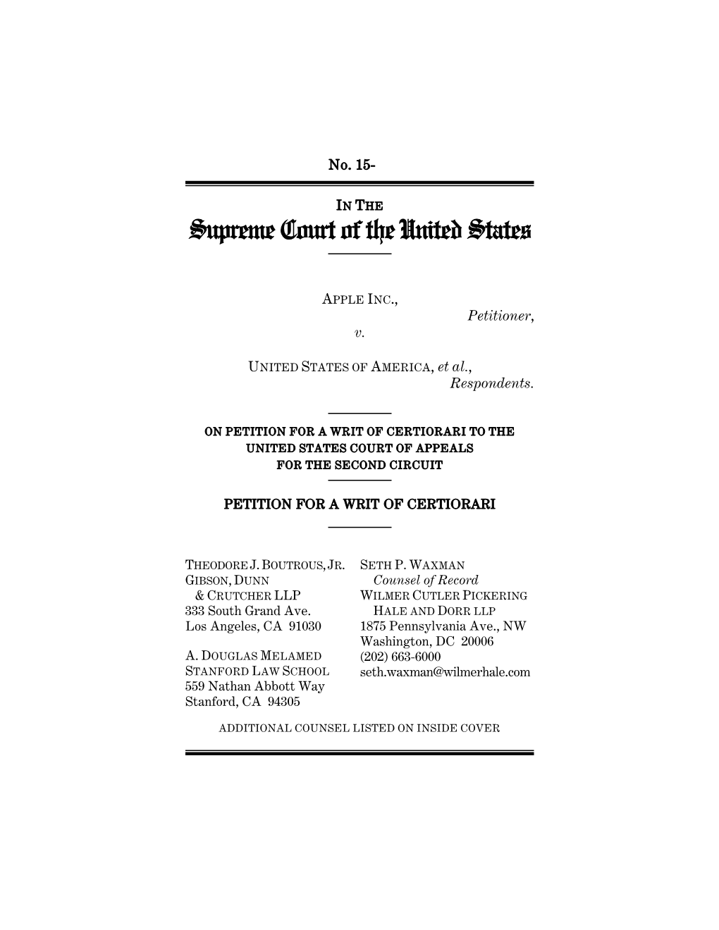 Petition for Certiorari to October 28, 2015