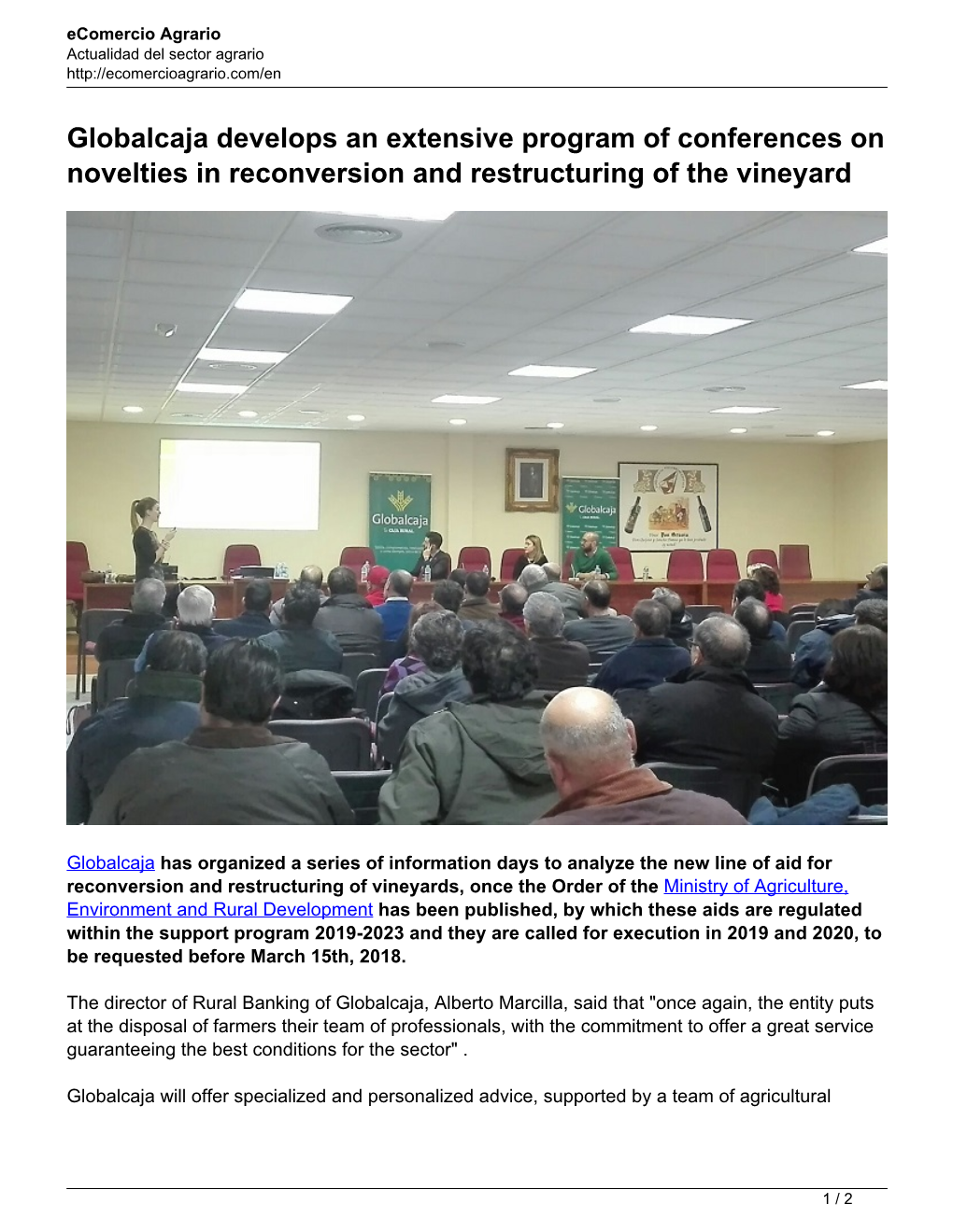 Globalcaja Develops an Extensive Program of Conferences on Novelties in Reconversion and Restructuring of the Vineyard