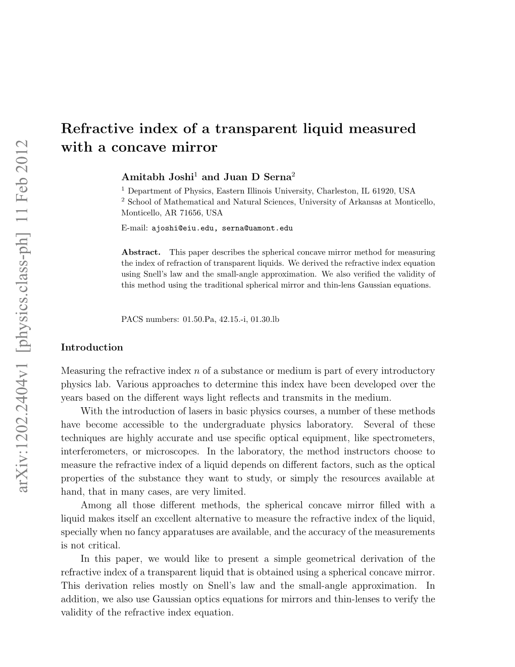 Refractive Index of a Transparent Liquid Measured with a Concave Mirror 2