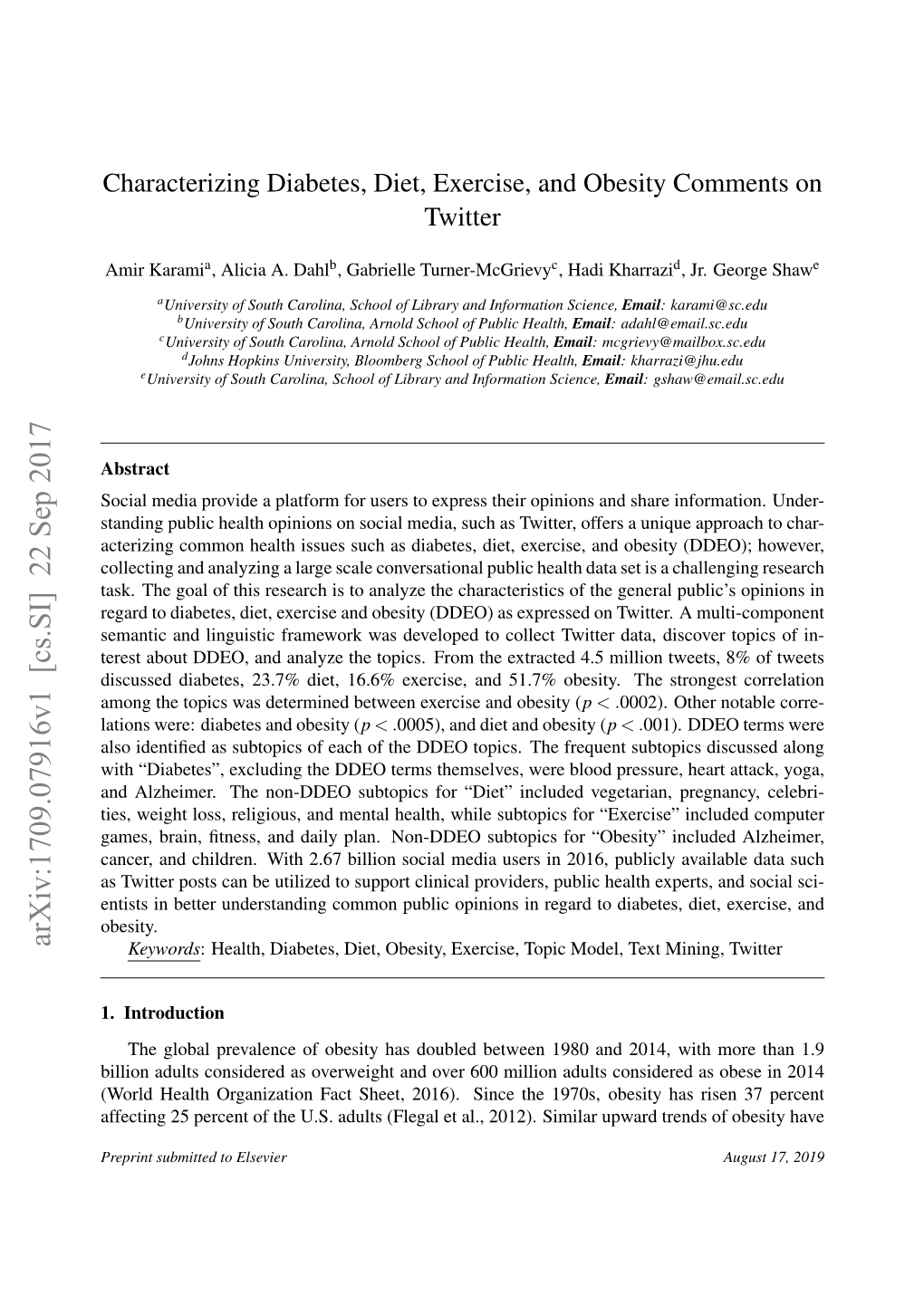 Characterizing Diabetes, Diet, Exercise, and Obesity Comments on Twitter