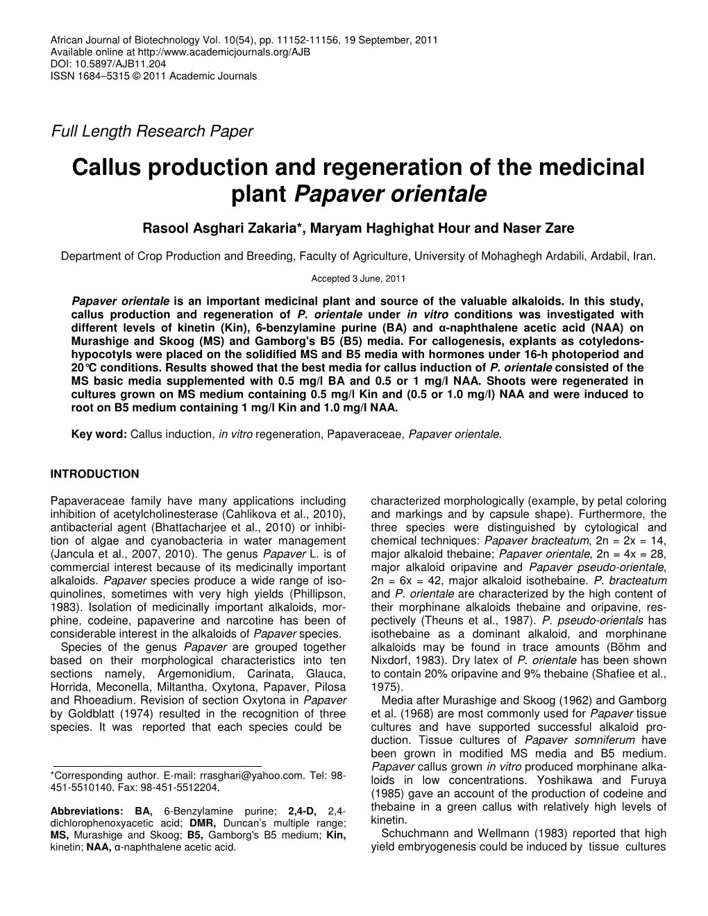 Callus Production and Regeneration of the Medicinal Plant Papaver Orientale