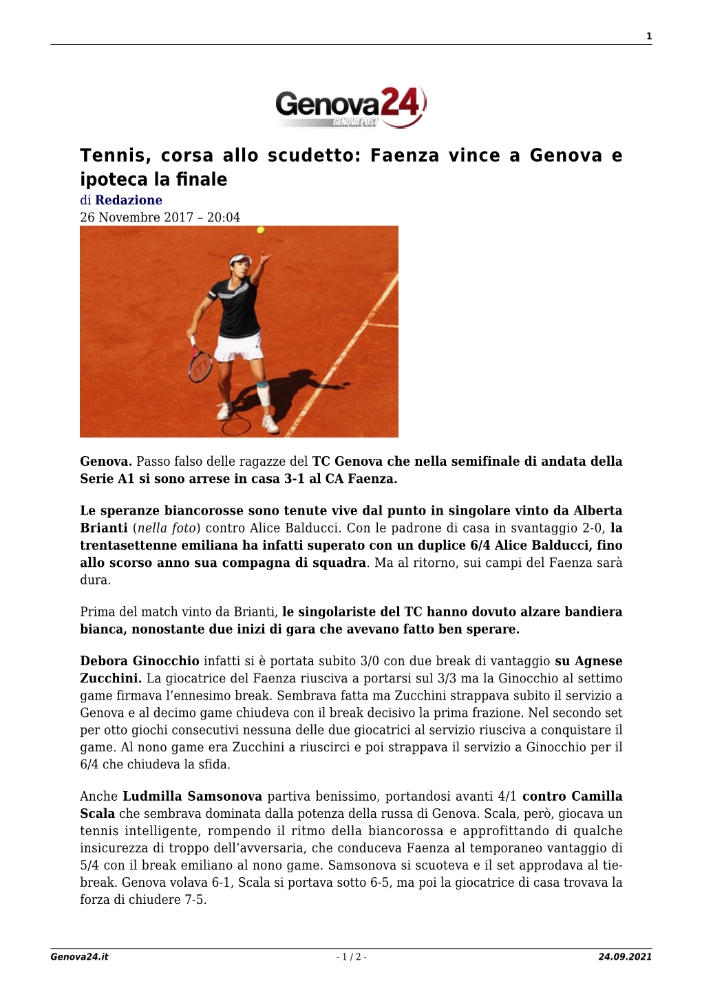 Tennis, Corsa Allo Scudetto: Faenza Vince a Genova E Ipoteca La Finale