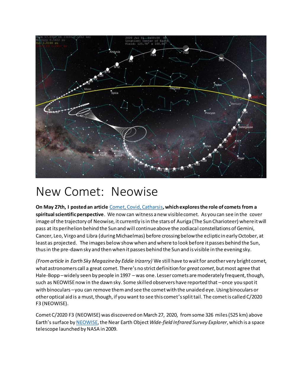 Neowise on May 27Th, I Posted an Article Comet, Covid, Catharsis, Which Explores the Role of Comets from a Spiritual Scientific Perspective