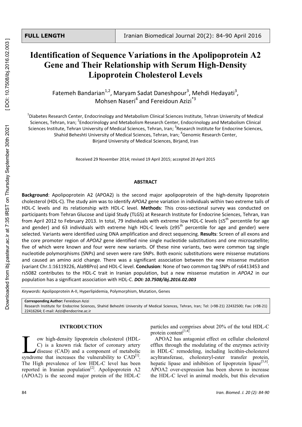 Identification of Sequence Variation in the Apolipoprotein A2 Gene and Their Relationship with Serum High-Density Lipoprotein Ch