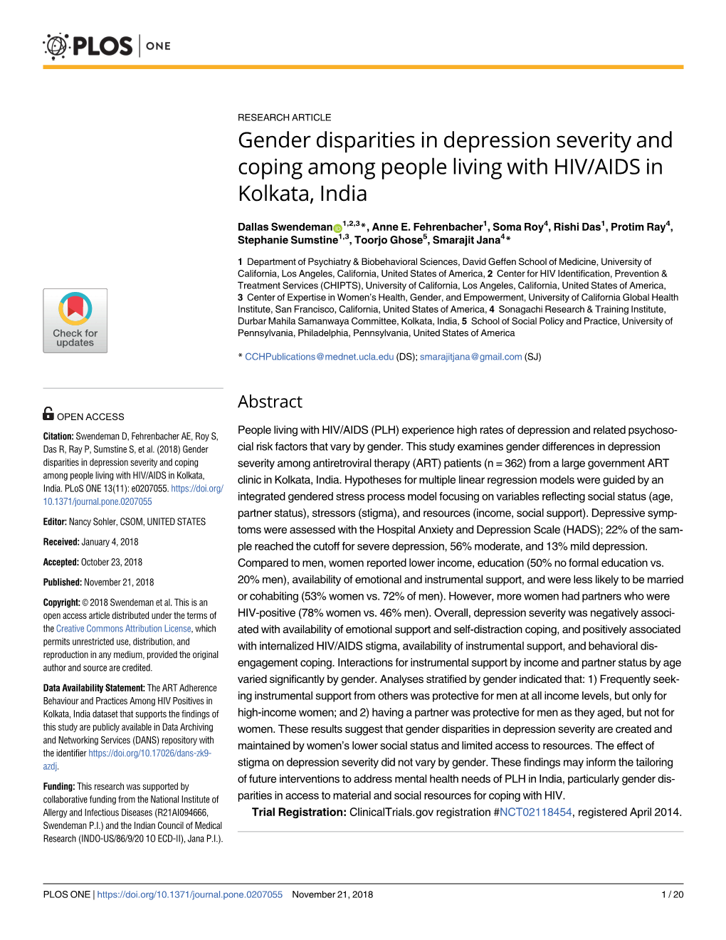 Gender Disparities in Depression Severity and Coping Among People Living with HIV/AIDS in Kolkata, India