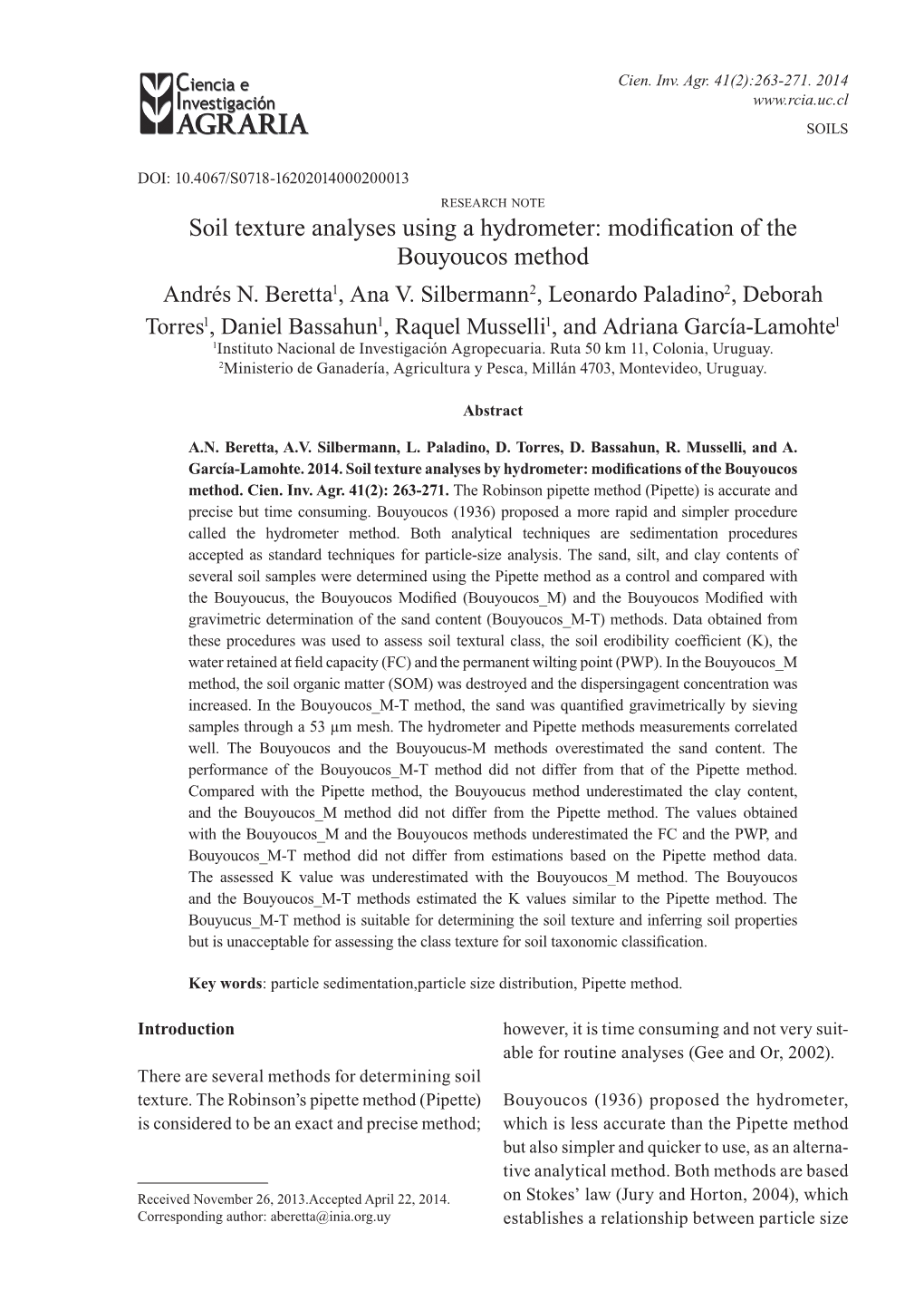 Soil Texture Analyses Using a Hydrometer: Modification of the Bouyoucos Method Andrés N