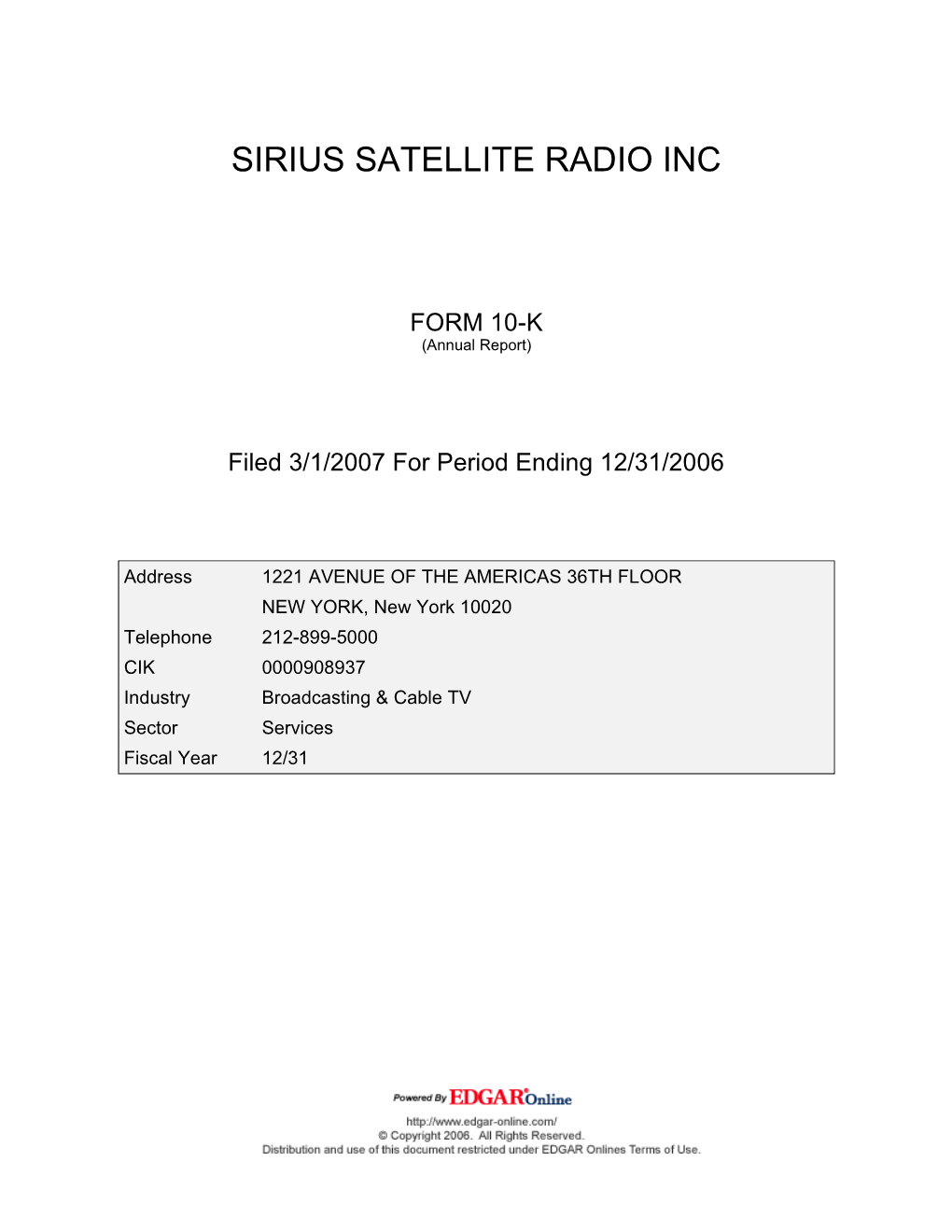 Sirius Satellite Radio Inc