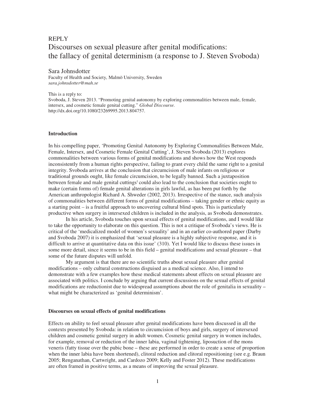 Discourses on Sexual Pleasure After Genital Modifications: the Fallacy of Genital Determinism (A Response to J