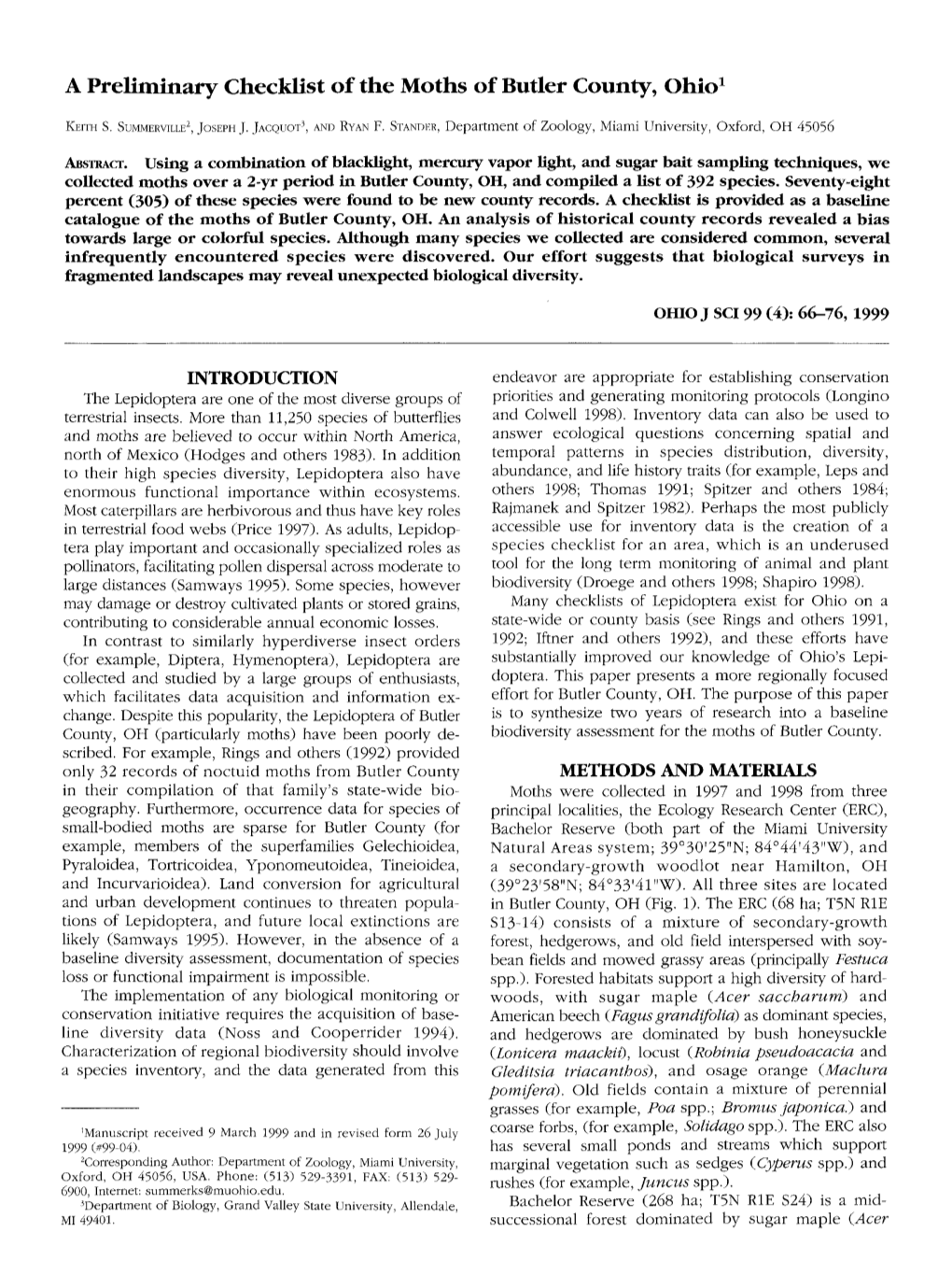 A Preliminary Checklist of the Moths of Butler County, Ohio1