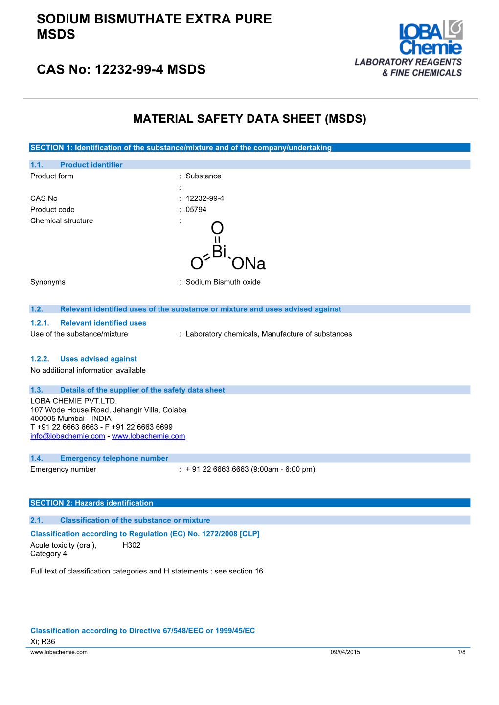 Sodium Bismuthate Extra Pure Msds