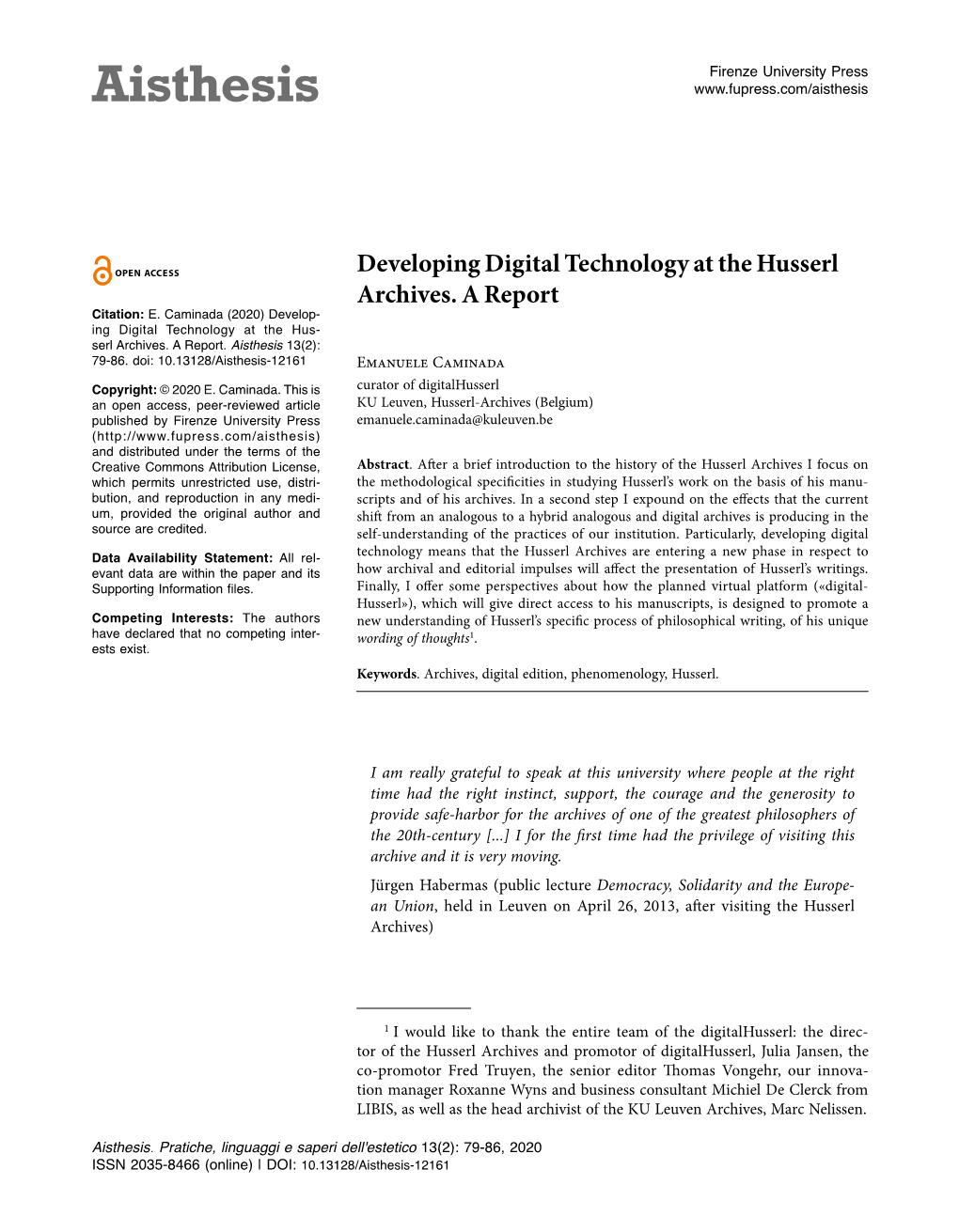 Developing Digital Technology at the Husserl Archives. a Report Citation: E