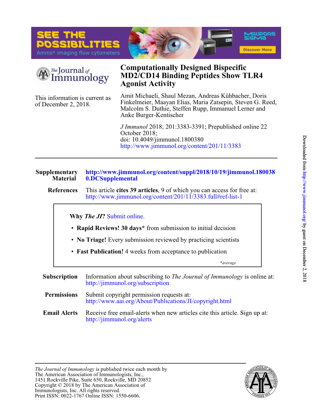 Computationally Designed Bispecific MD2/CD14 Binding Peptides Show TLR4 Agonist Activity