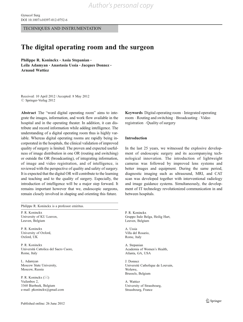 The Digital Operating Room and the Surgeon Author's Personal Copy