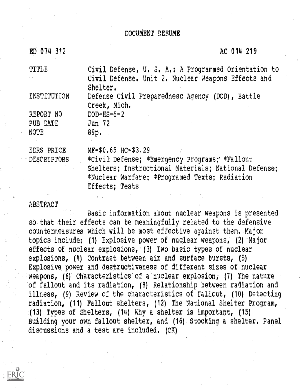 Radiation, (11) Fallout Shelters, CM the National Shelter Program