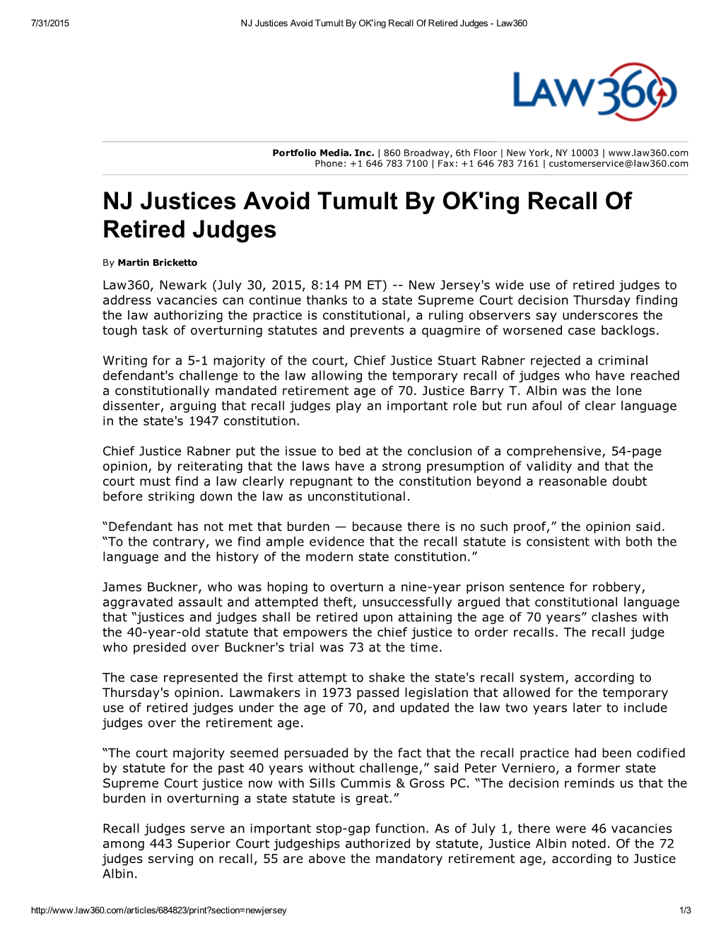 NJ Justices Avoid Tumult by OK'ing Recall of Retired Judges ­ Law360