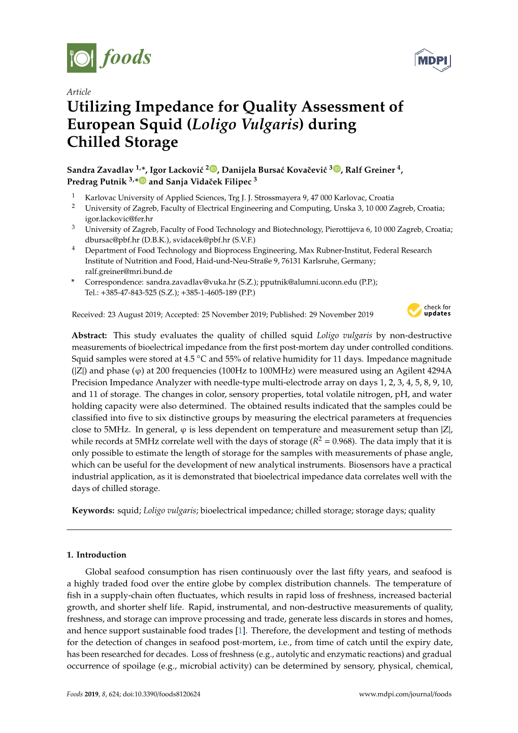 Utilizing Impedance for Quality Assessment of European Squid (Loligo Vulgaris) During Chilled Storage