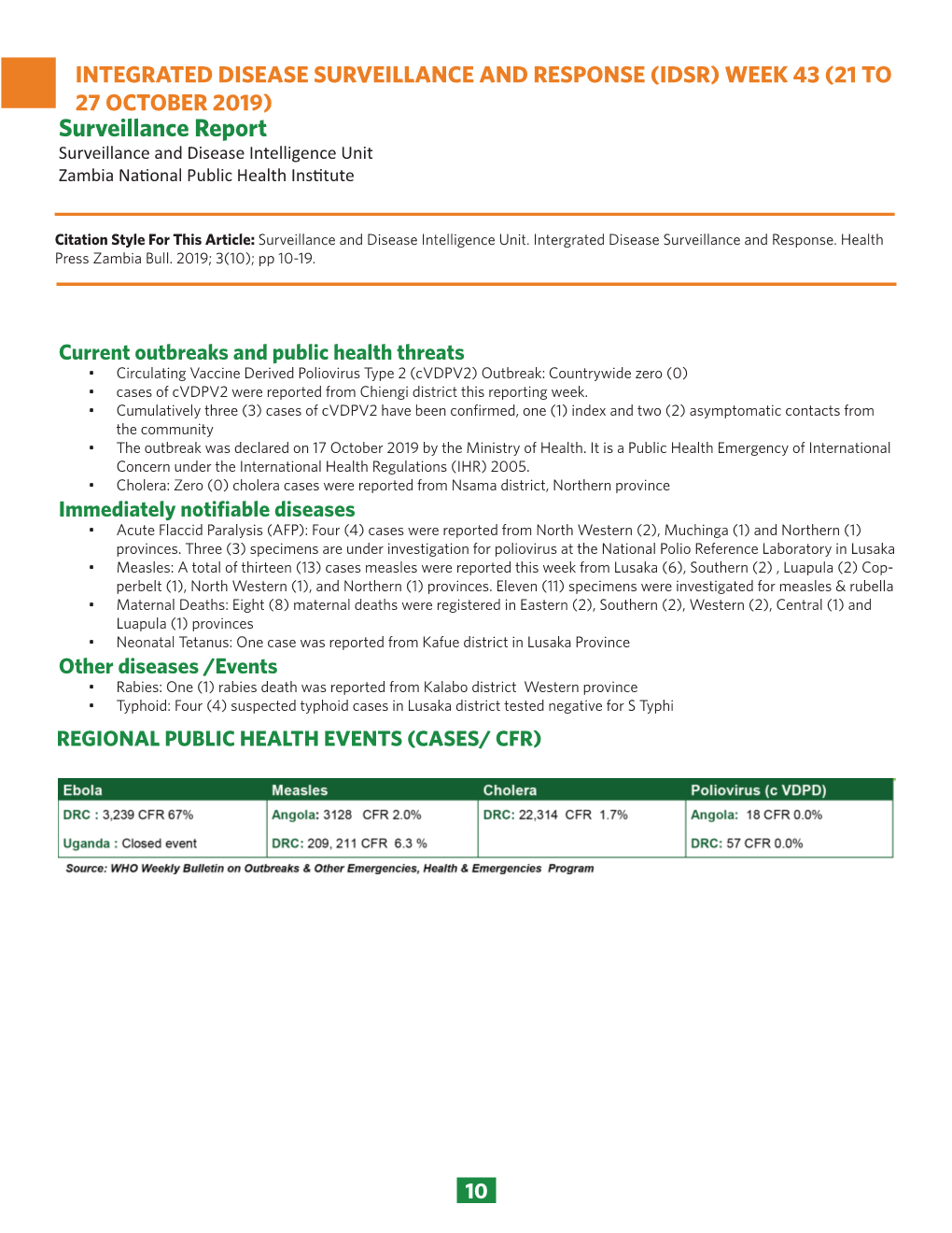 (IDSR) WEEK 43 (21 to 27 OCTOBER 2019) Surveillance Report Surveillance and Disease Intelligence Unit Zambia National Public Health Institute