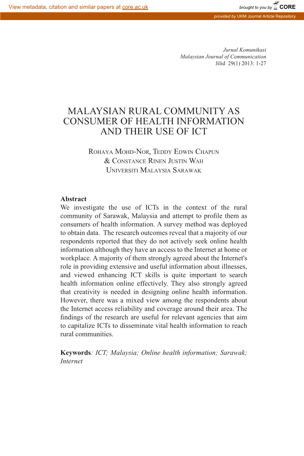 Malaysian Rural Community As Consumer of Health Information and Their Use of Ict