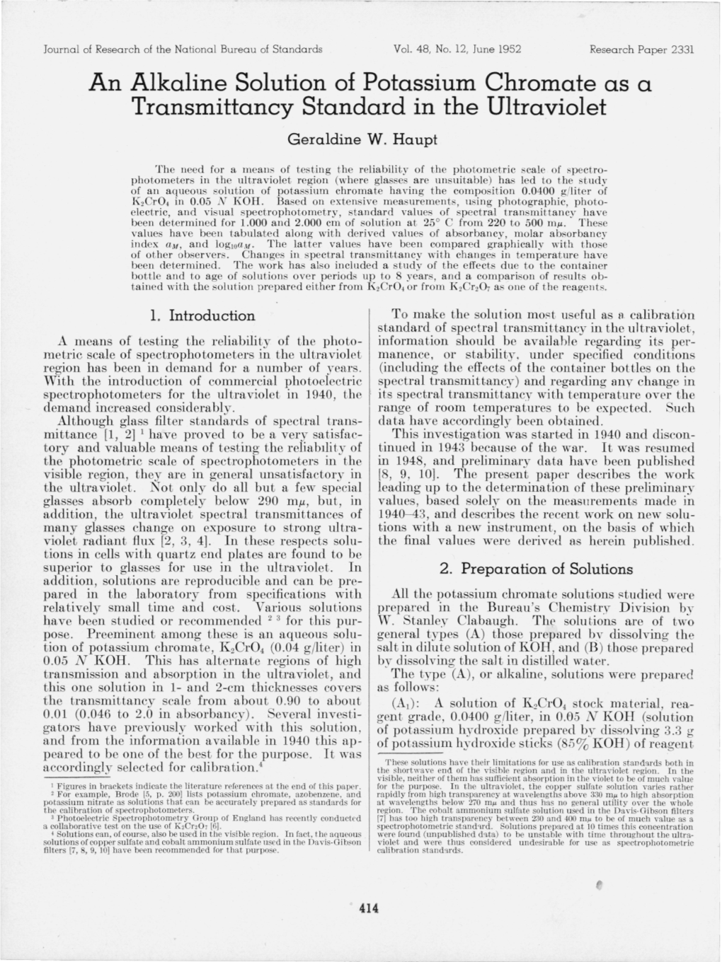 An Alkaline Solution of Potassium Chromate As a Transmittancy Standard in the Ultraviolet G Eraldine W