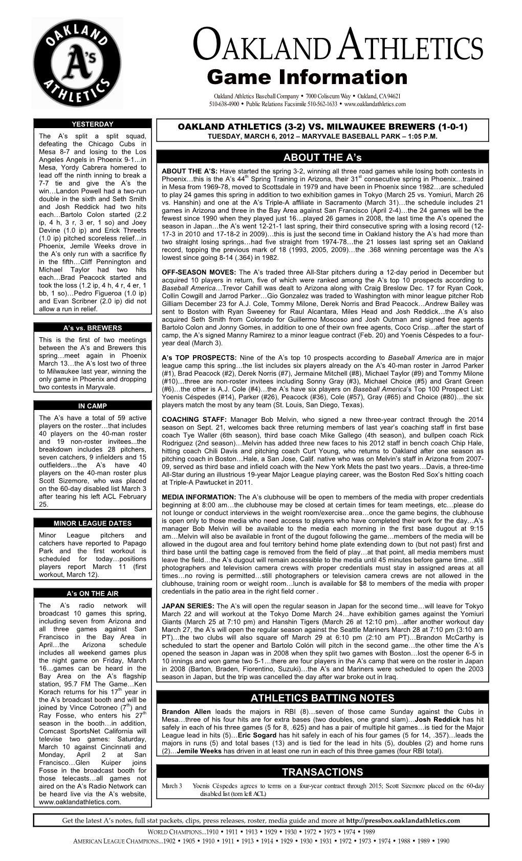 03-06-2012 A's Game Notes
