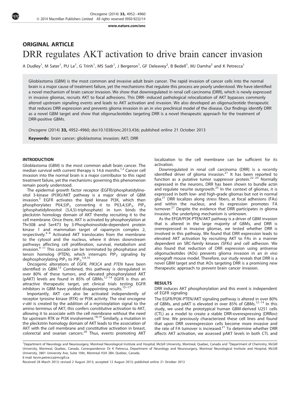 DRR Regulates AKT Activation to Drive Brain Cancer Invasion