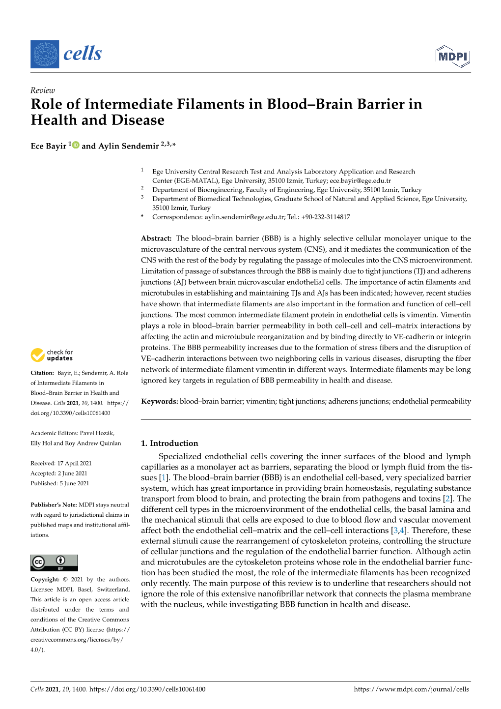 Role of Intermediate Filaments in Blood–Brain Barrier in Health and Disease