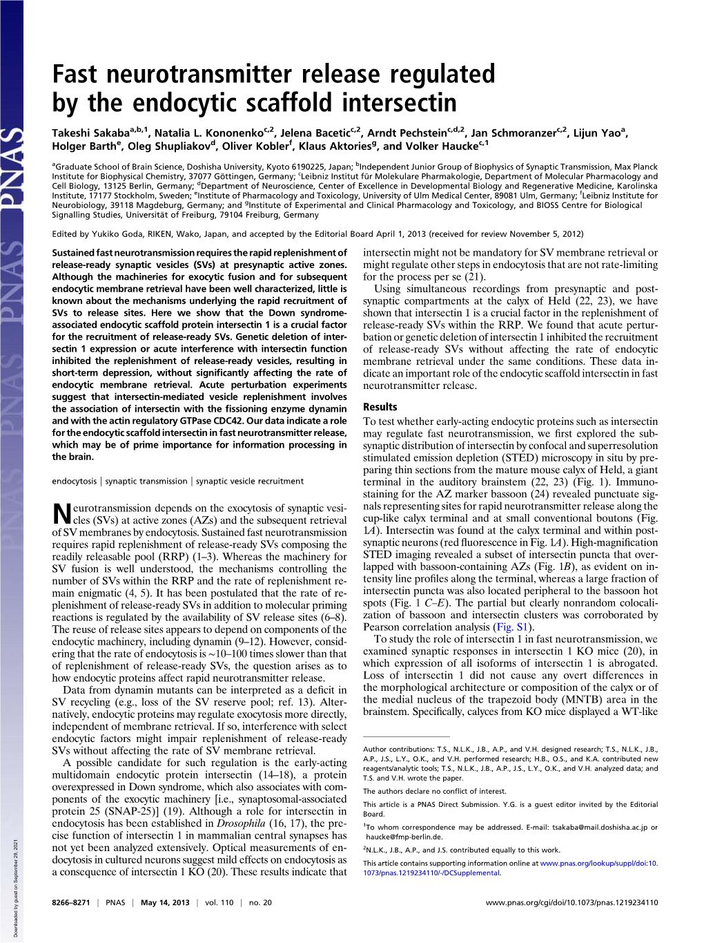 Fast Neurotransmitter Release Regulated by the Endocytic Scaffold Intersectin