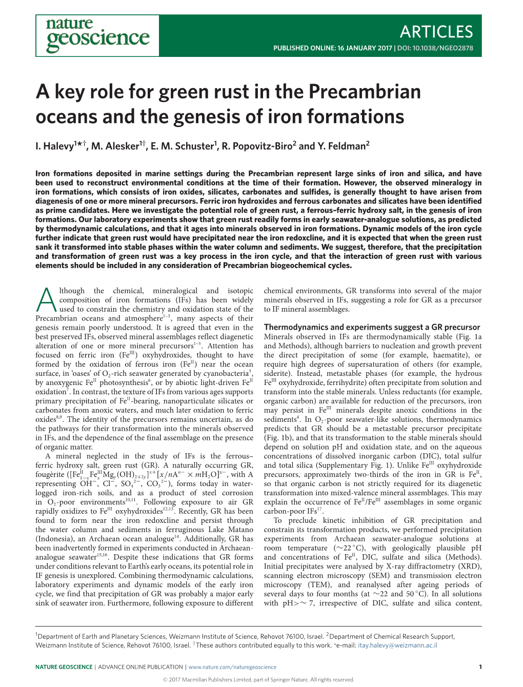 A Key Role for Green Rust in the Precambrian Oceans and the Genesis of Iron Formations