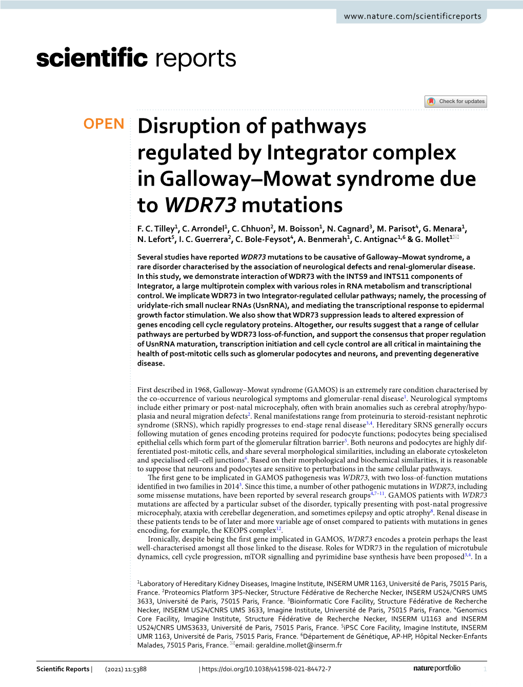 Disruption of Pathways Regulated by Integrator Complex in Galloway–Mowat Syndrome Due to WDR73 Mutations F