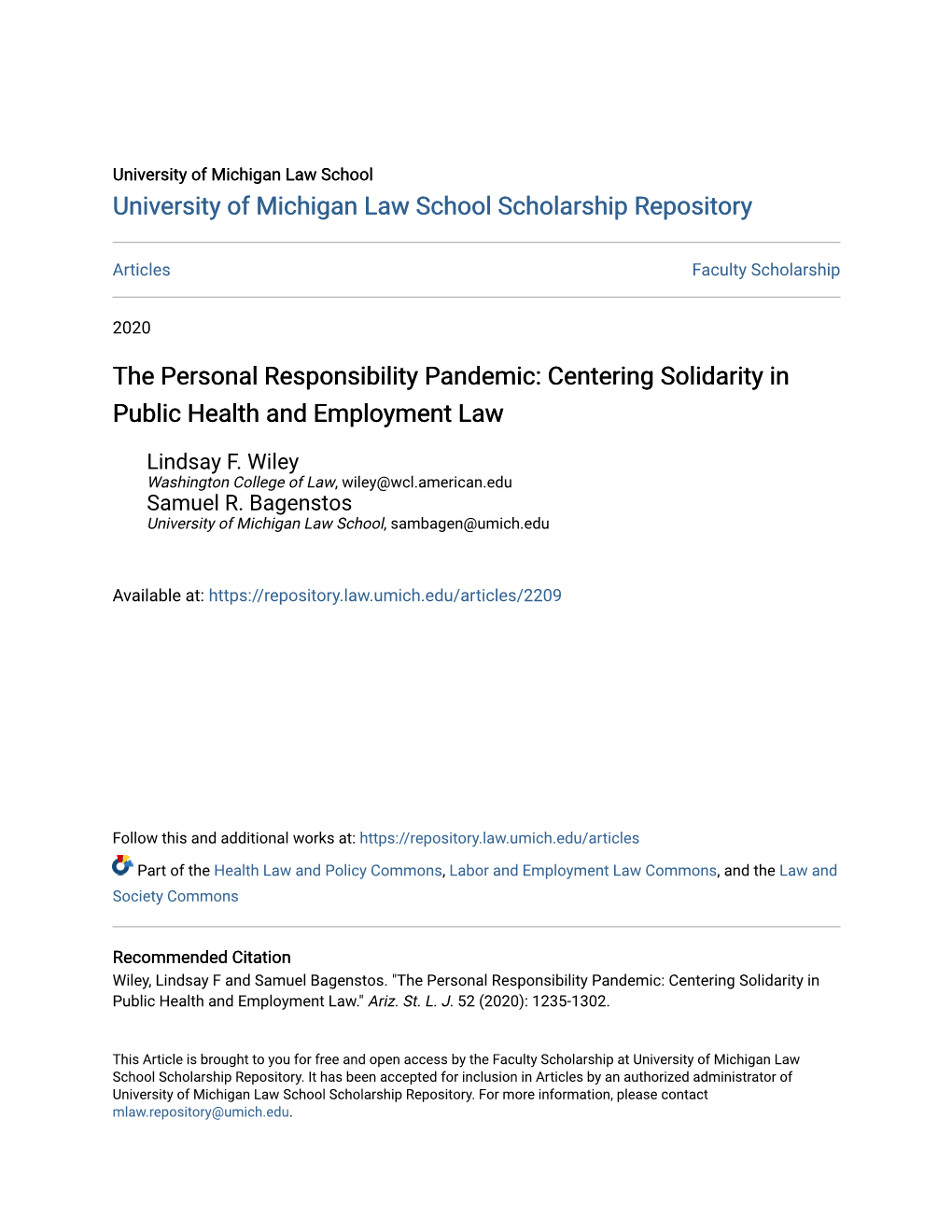 The Personal Responsibility Pandemic: Centering Solidarity in Public Health and Employment Law