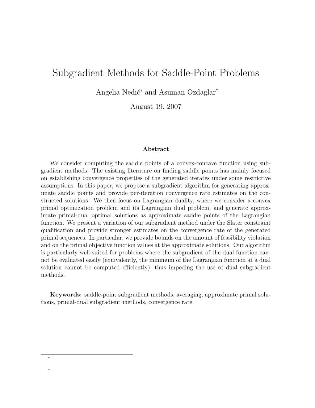 Subgradient Methods for Saddle-Point Problems