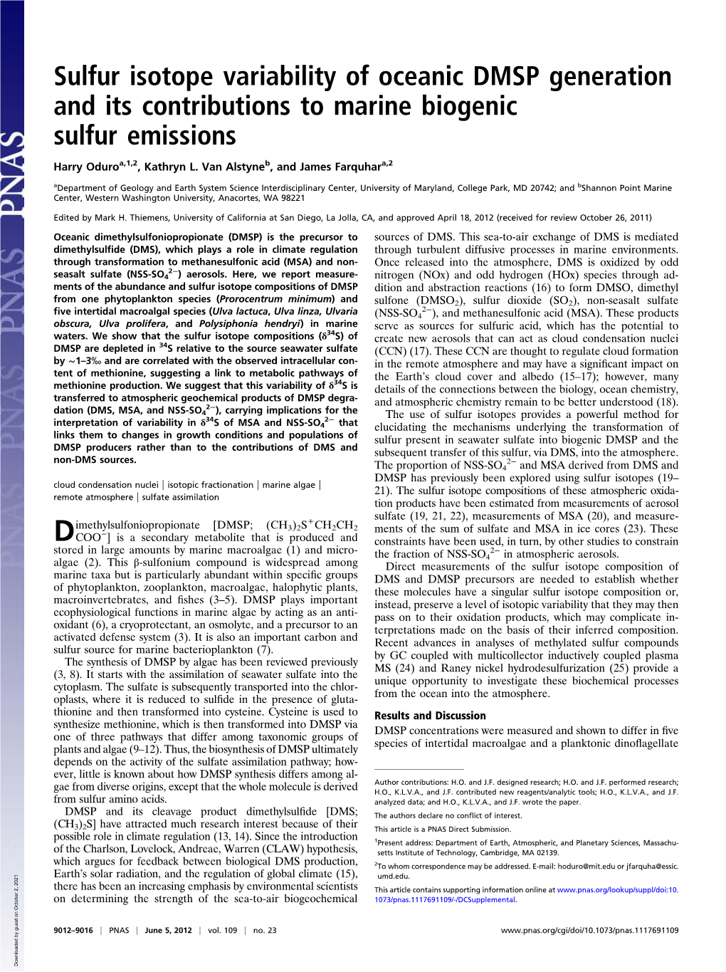 Sulfur Isotope Variability of Oceanic DMSP Generation and Its Contributions to Marine Biogenic Sulfur Emissions