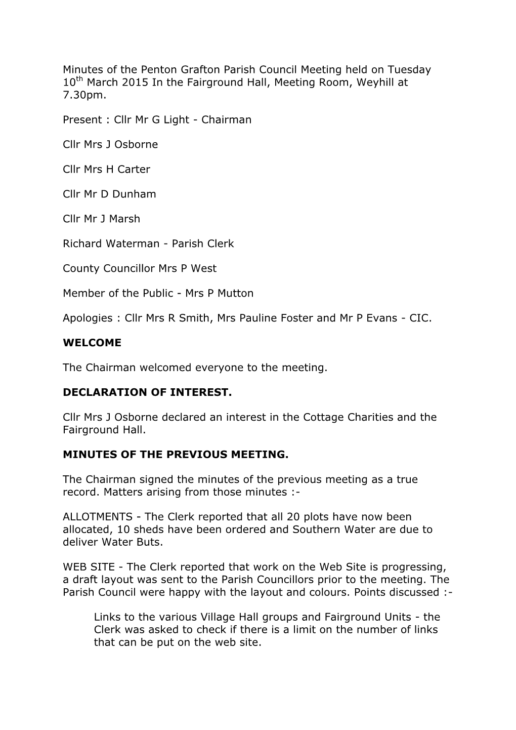 Minutes of the Penton Grafton Parish Council Meeting Held on Tuesday 10Th March 2015 in the Fairground Hall, Meeting Room, Weyhill at 7.30Pm