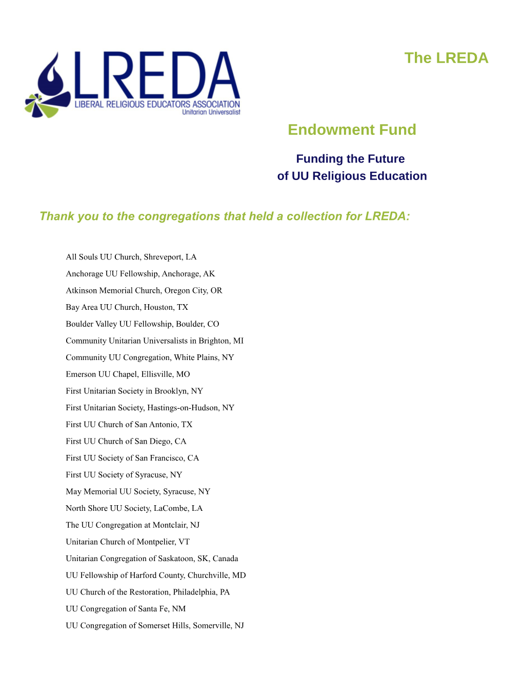 Thank You to the Congregations That Held a Collection for LREDA