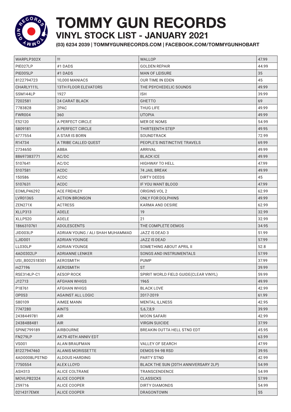 Vinyl Stock List - January 2021 (03) 6234 2039 | Tommygunrecords.Com | Facebook.Com/Tommygunhobart