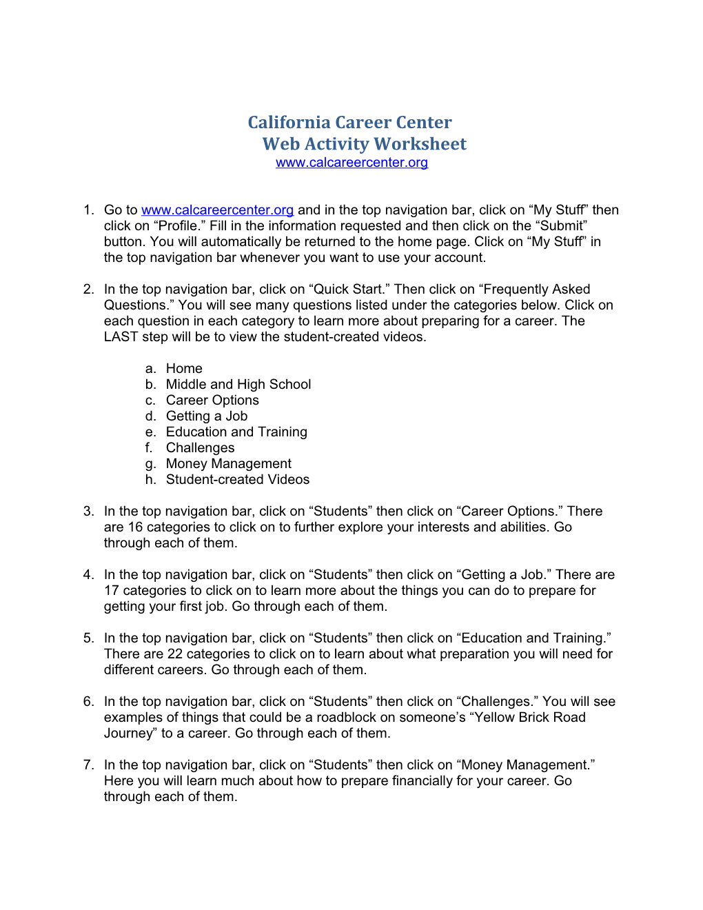 California Career Center Web Activity Worksheet