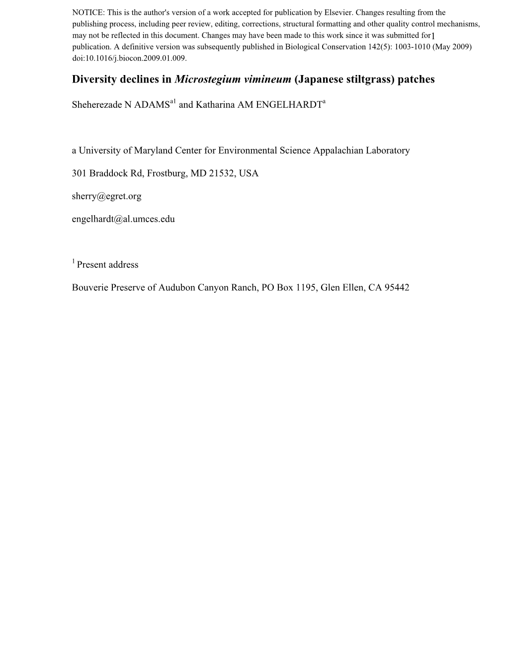 Diversity Declines in Microstegium Vimineum (Japanese Stiltgrass) Patches