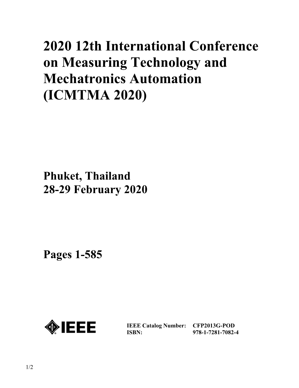 2020 12Th International Conference on Measuring Technology and Mechatronics Automation ( ICMTMA 2020)