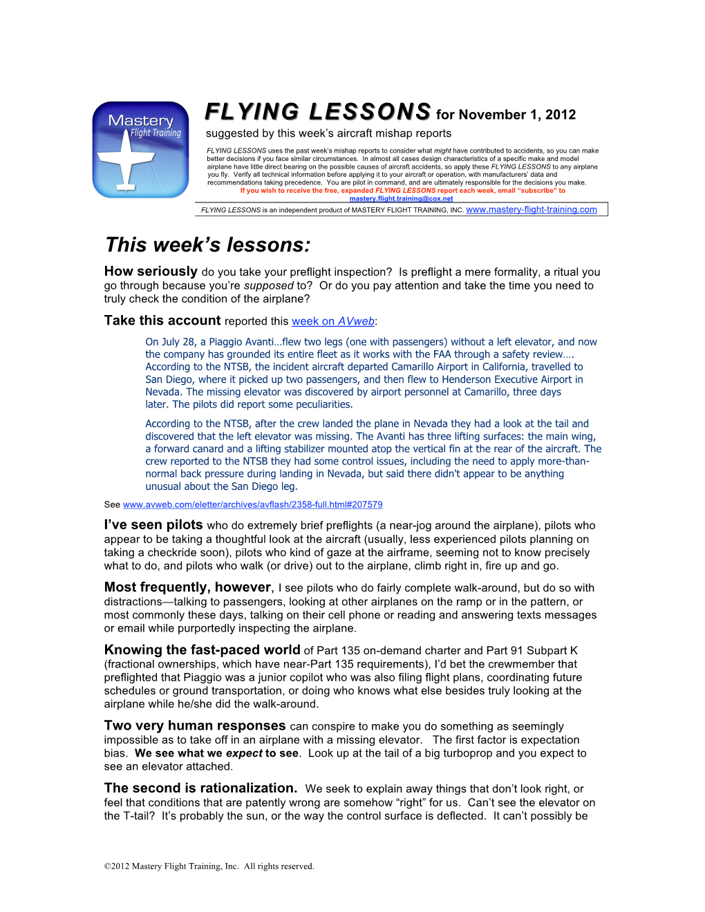 FLYING LESSONS for November 1, 2012 Suggested by This Week’S Aircraft Mishap Reports