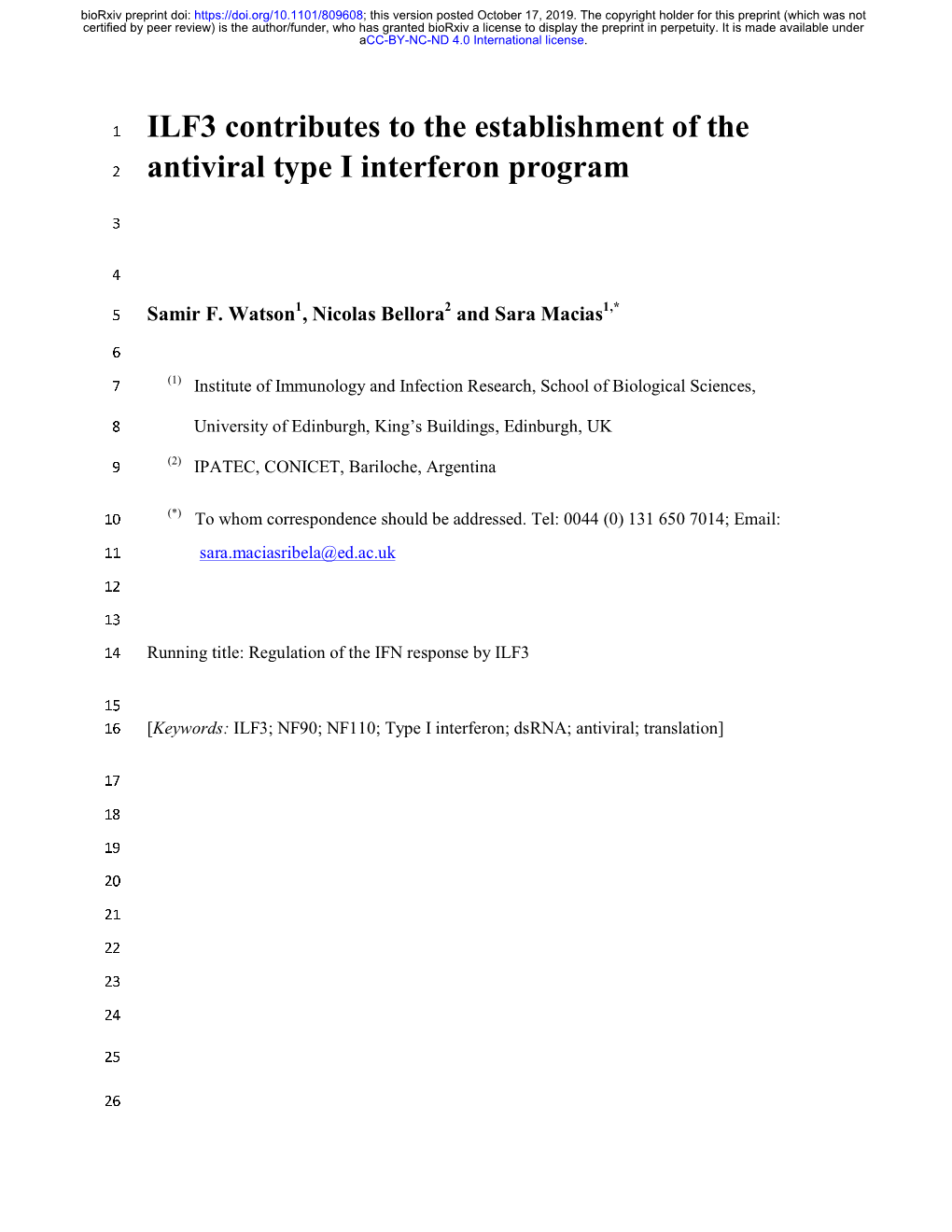 ILF3 Contributes to the Establishment of the Antiviral Type I Interferon