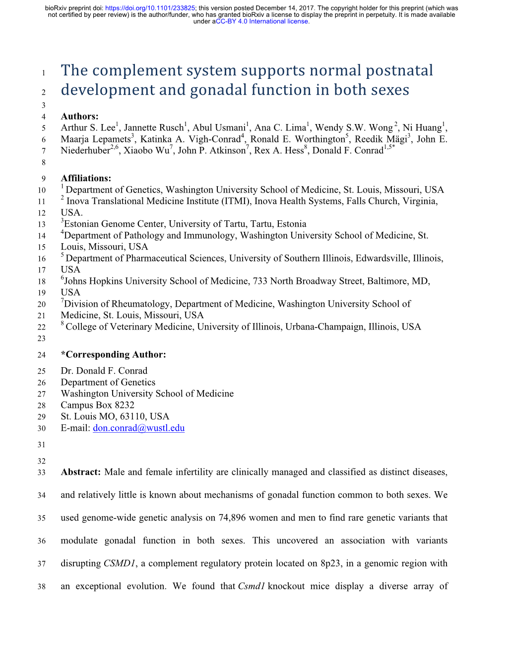 The Complement System Supports Normal Postnatal Development And